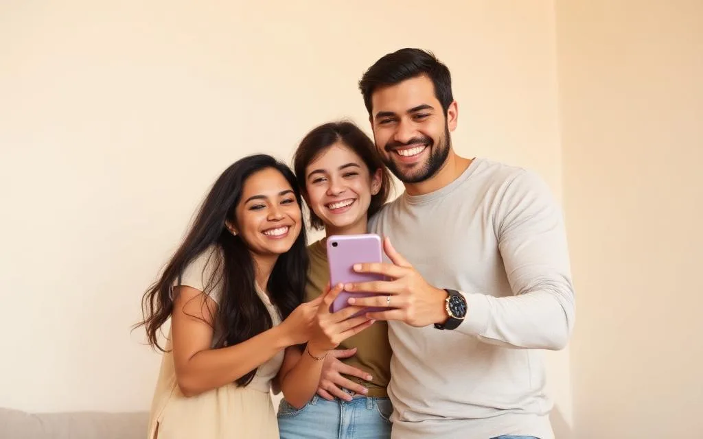 Familia feliz revisando su celular