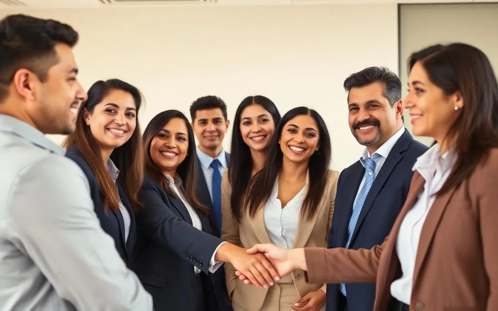 Equipo empresarial sonriendo en oficina